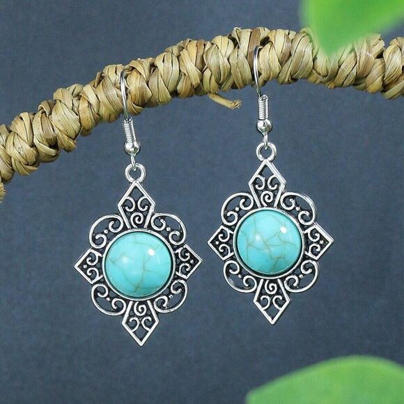 Ethnic Style Flower Alloy Turquoise Drop Earrings Boho Silver Round Retro Hippie - Picture 3 of 6